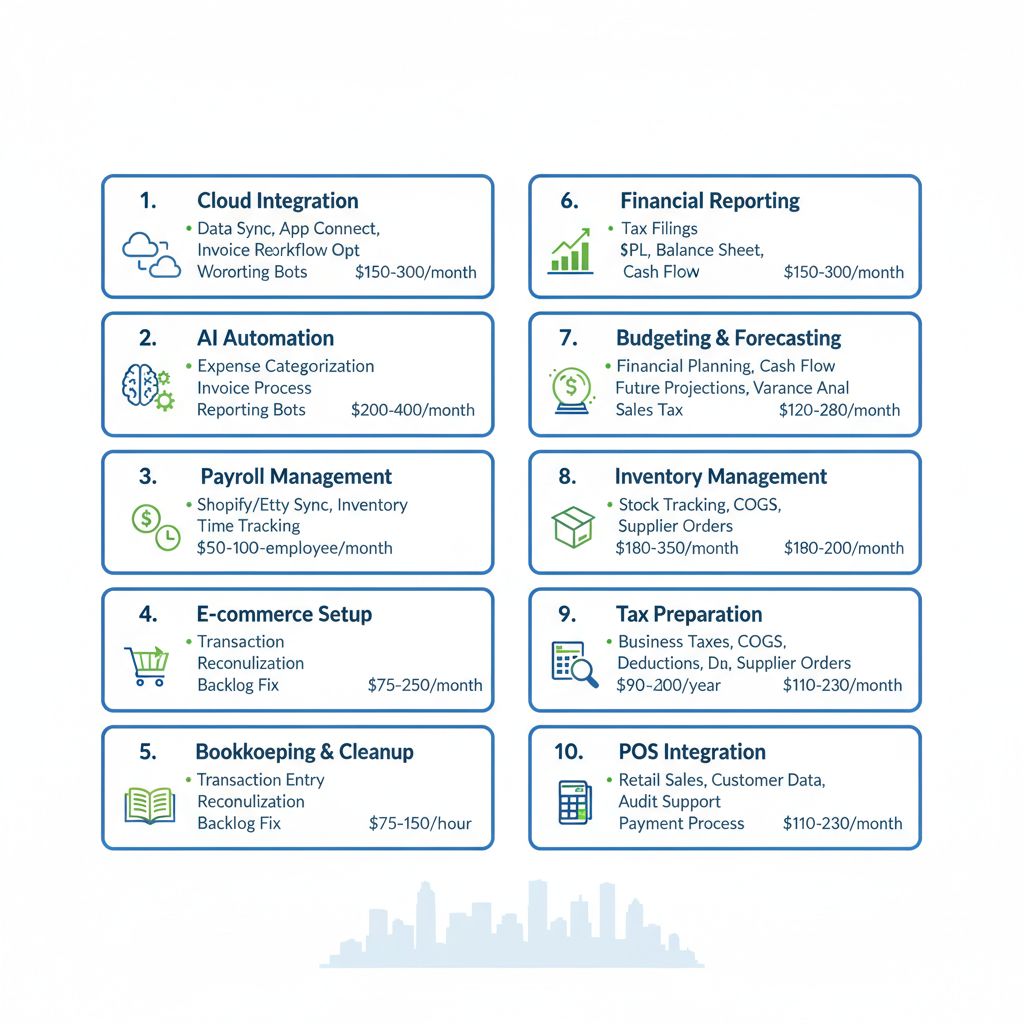 Infographic depicting top 10 QuickBooks ProAdvisor bookkeeping services in Vancouver with icons, features, and pricing