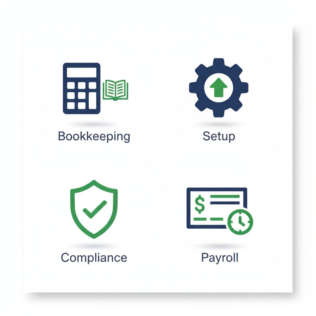 Grid of icons illustrating QuickBooks ProAdvisor services: bookkeeping, setup, compliance, and payroll.