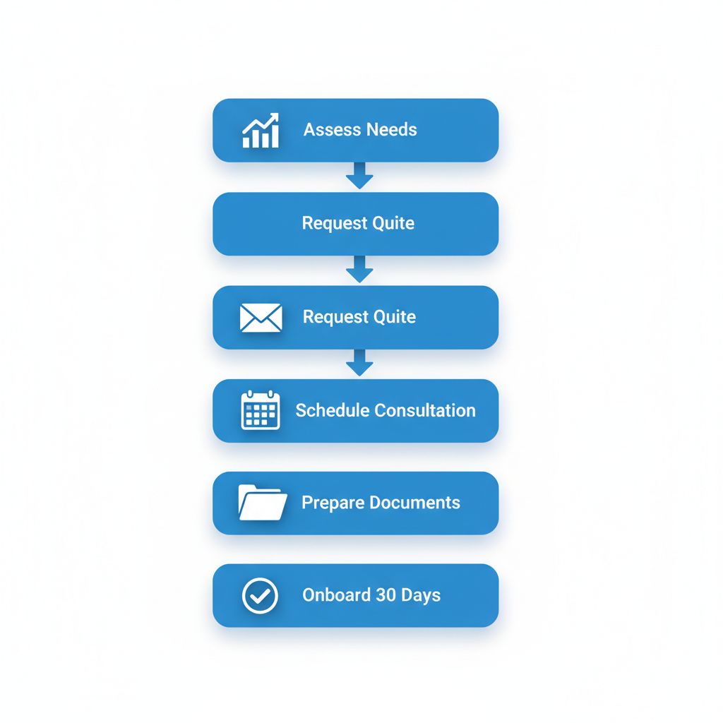 Accessibility description: Vertical process flow diagram showing five steps to engage fractional controller support, including icons for assessment, quote request, consultation, document preparation, and onboarding.