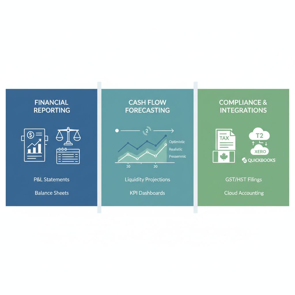 Infographic of fractional controller responsibilities including financial reporting, cash flow forecasting, and compliance.