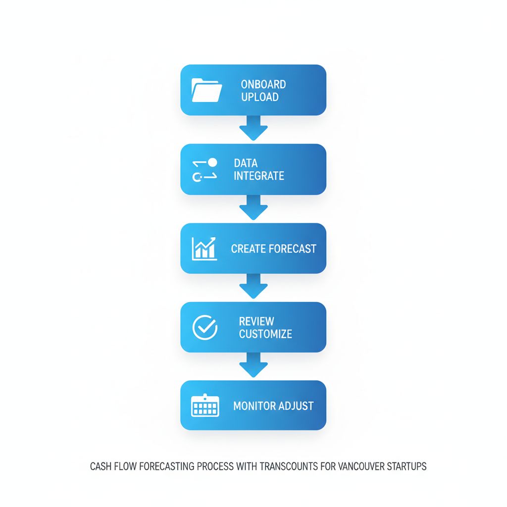 Vertical process flow illustrating five steps for starting cash flow forecasting with Transcounts using icons and arrows