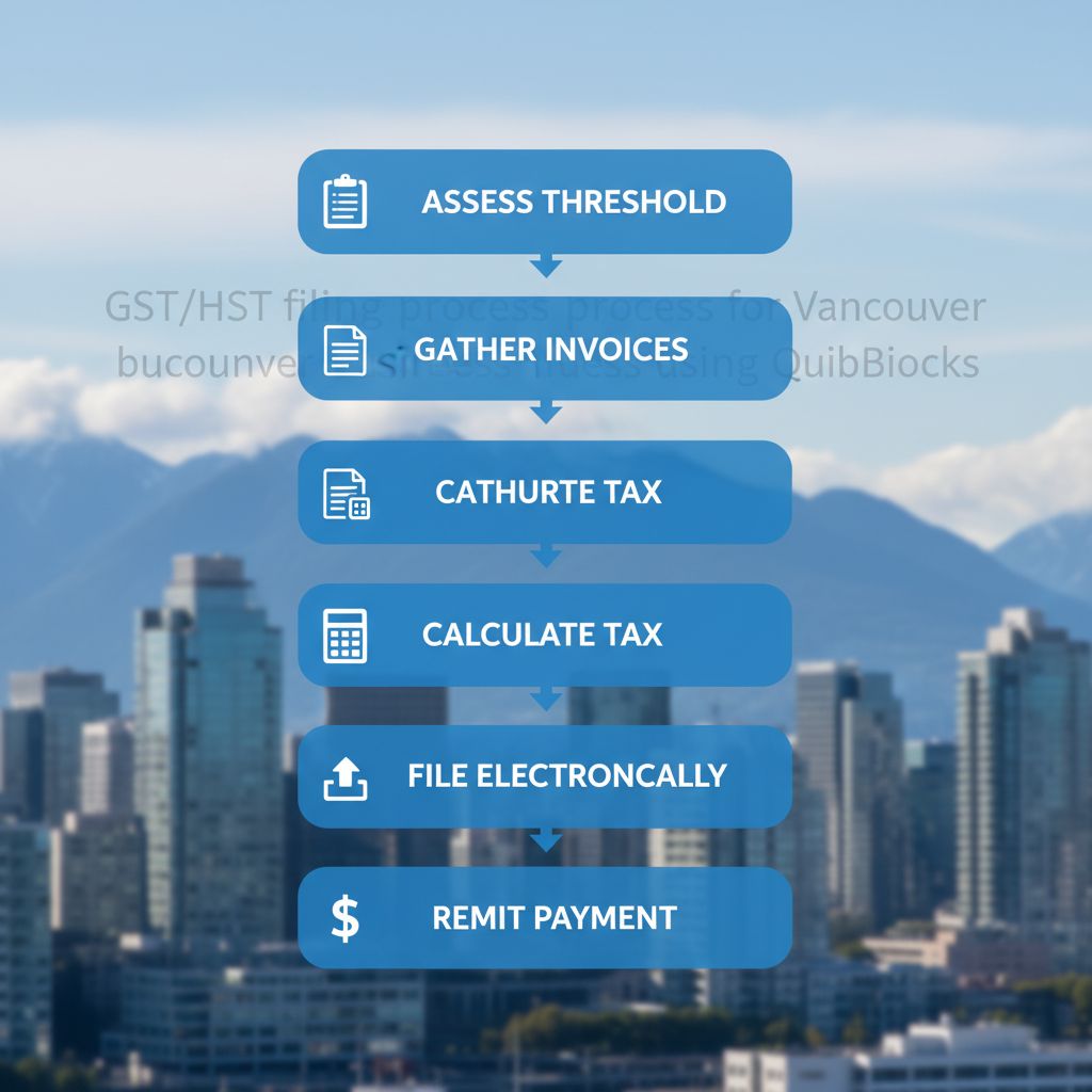 Vertical process flow diagram illustrating the five key steps for GST/HST filing in Vancouver for BC businesses.