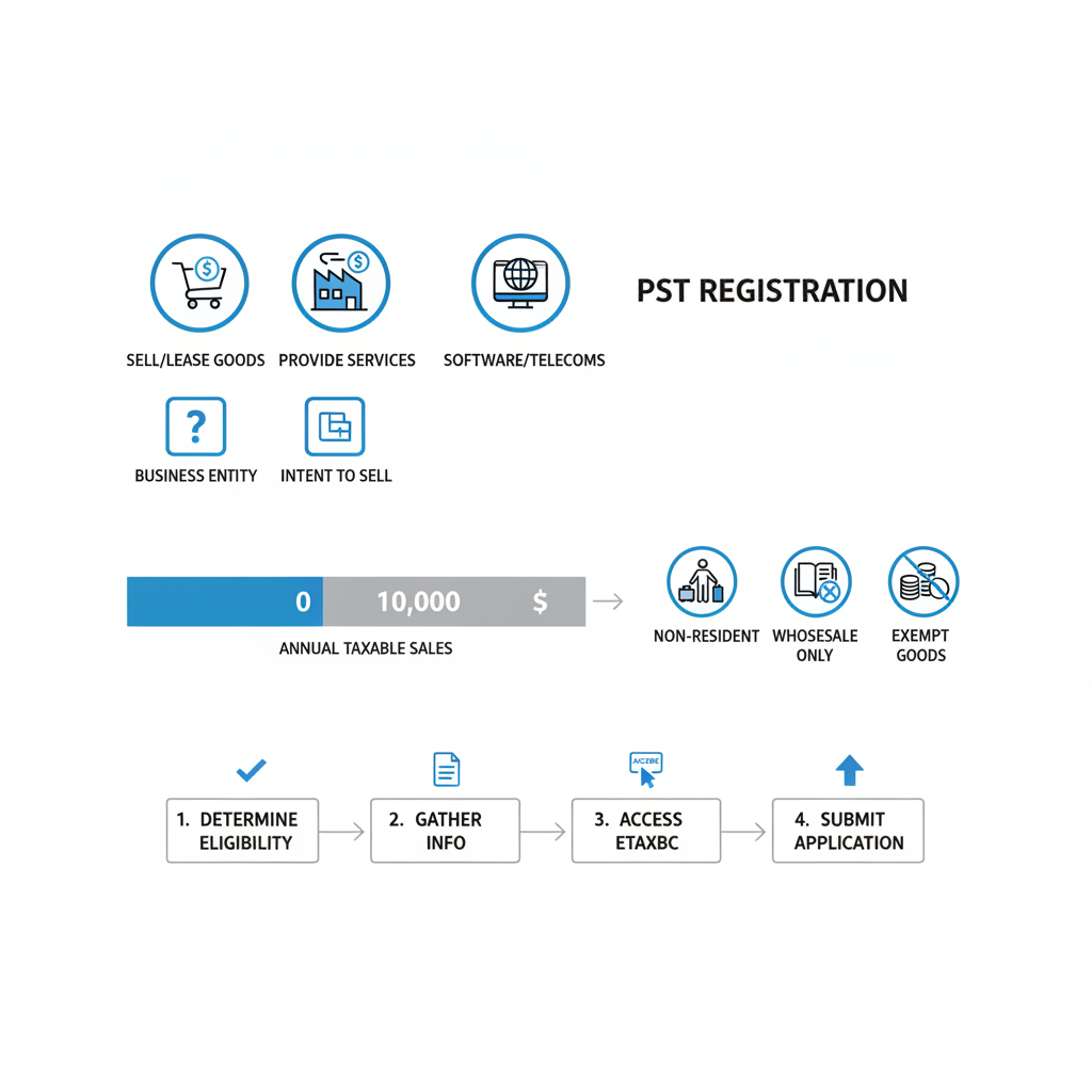 Visual summary of Provincial Sales Tax registration basics, thresholds, exemptions, and steps for British Columbia businesses