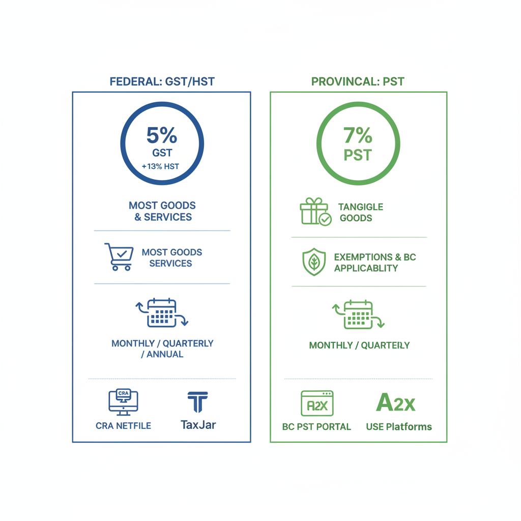 Infographic comparing GST/HST and PST sales taxes in British Columbia with icons and key metrics