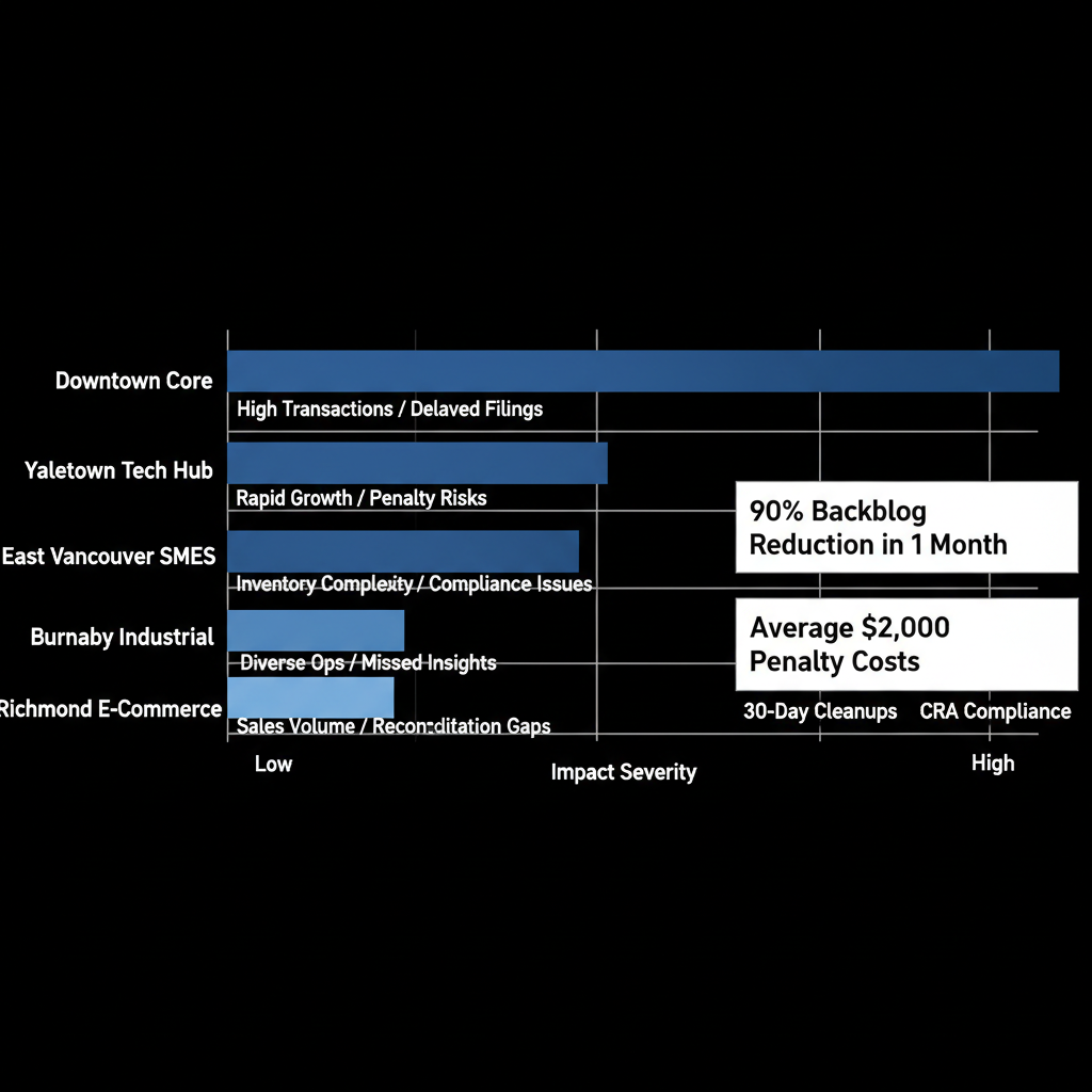 Horizontal bar chart comparing bookkeeping backlog impacts and solutions in five Vancouver districts