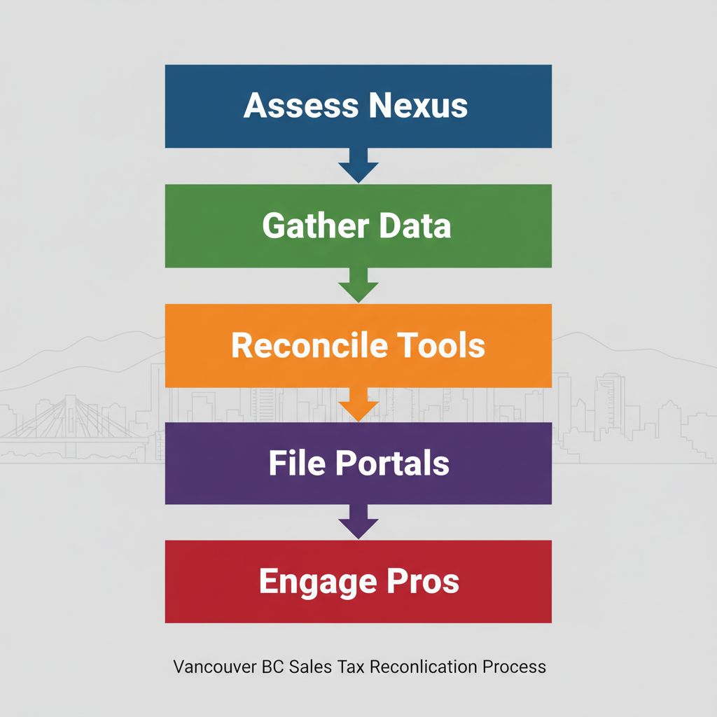 Vertical process flow illustrating five steps to start sales tax reconciliation for Vancouver businesses