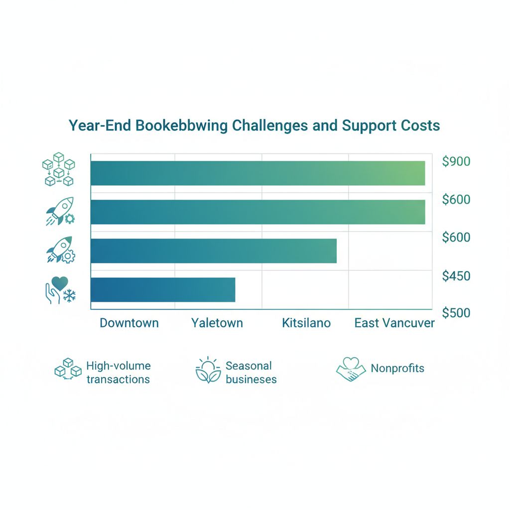 Bar chart comparing bookkeeping challenges and costs in Vancouver districts: Downtown, Yaletown, Kitsilano, East Vancouver