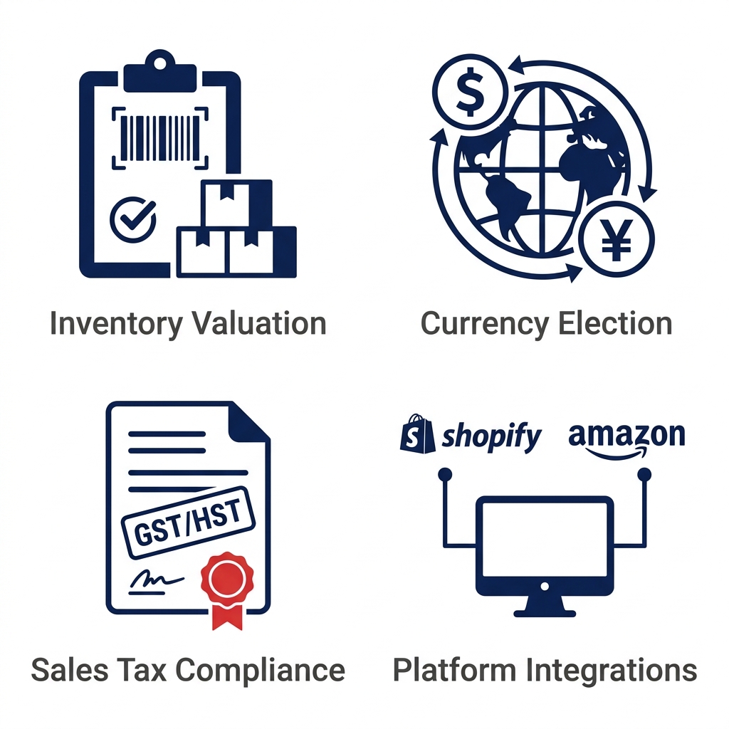 Set of four flat vector icons representing inventory valuation, currency election, sales tax compliance, and platform integrations for ecommerce bookkeeping for Canadian online stores.