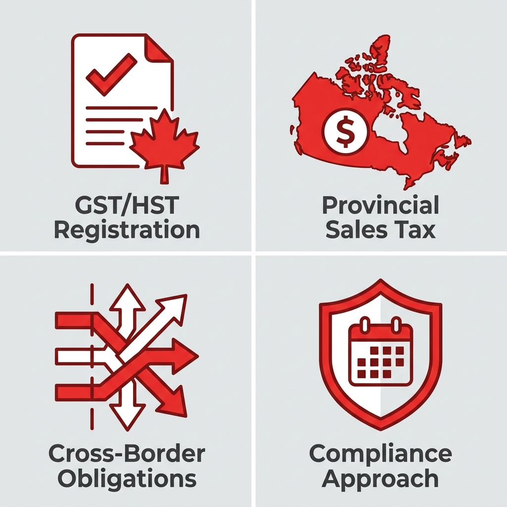 Set of four icons representing Canadian ecommerce tax compliance: GST/HST registration, provincial sales tax, cross-border obligations, and compliance approach.