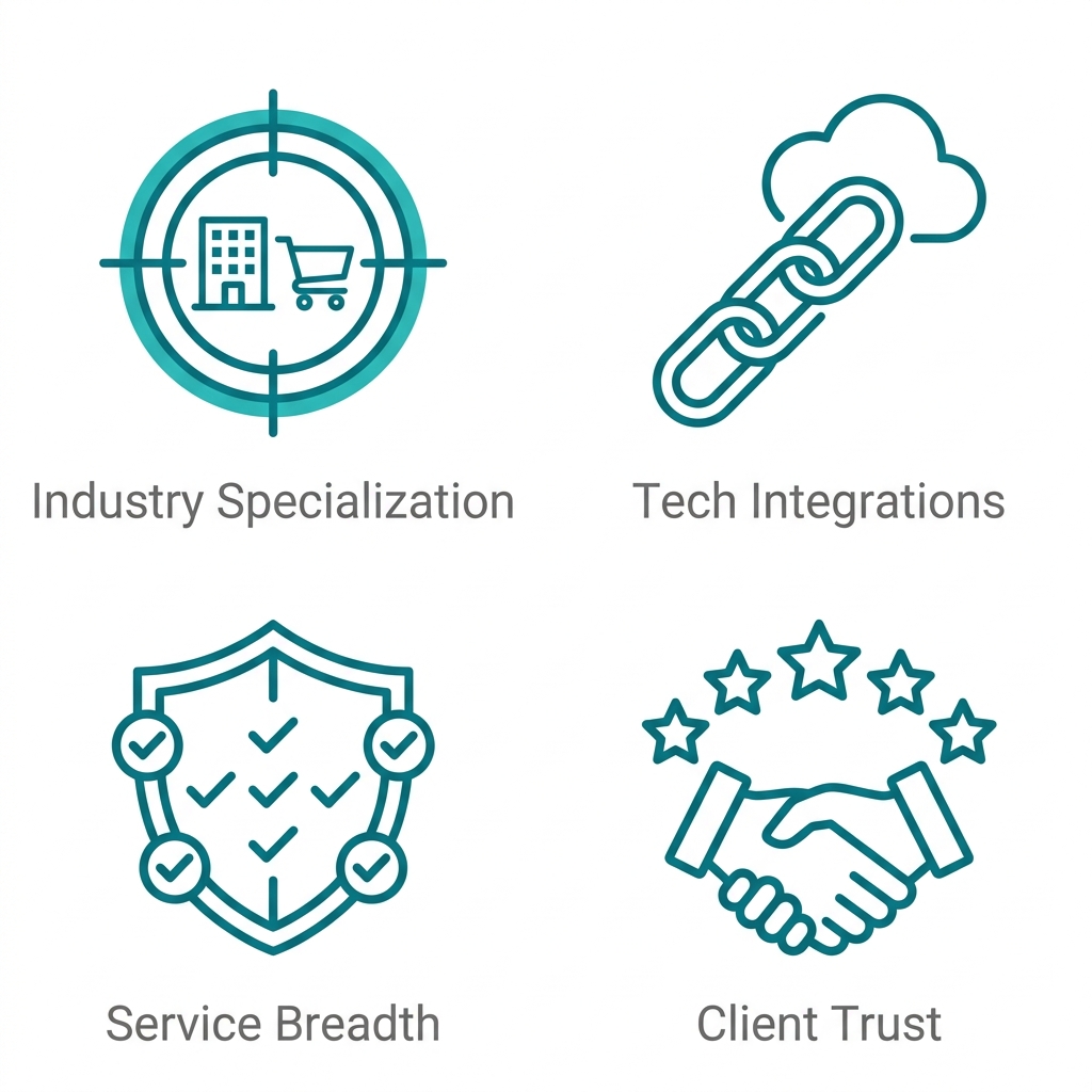 Four icons representing bookkeeping partner selection criteria: industry specialization, tech integrations, service breadth, and client trust.