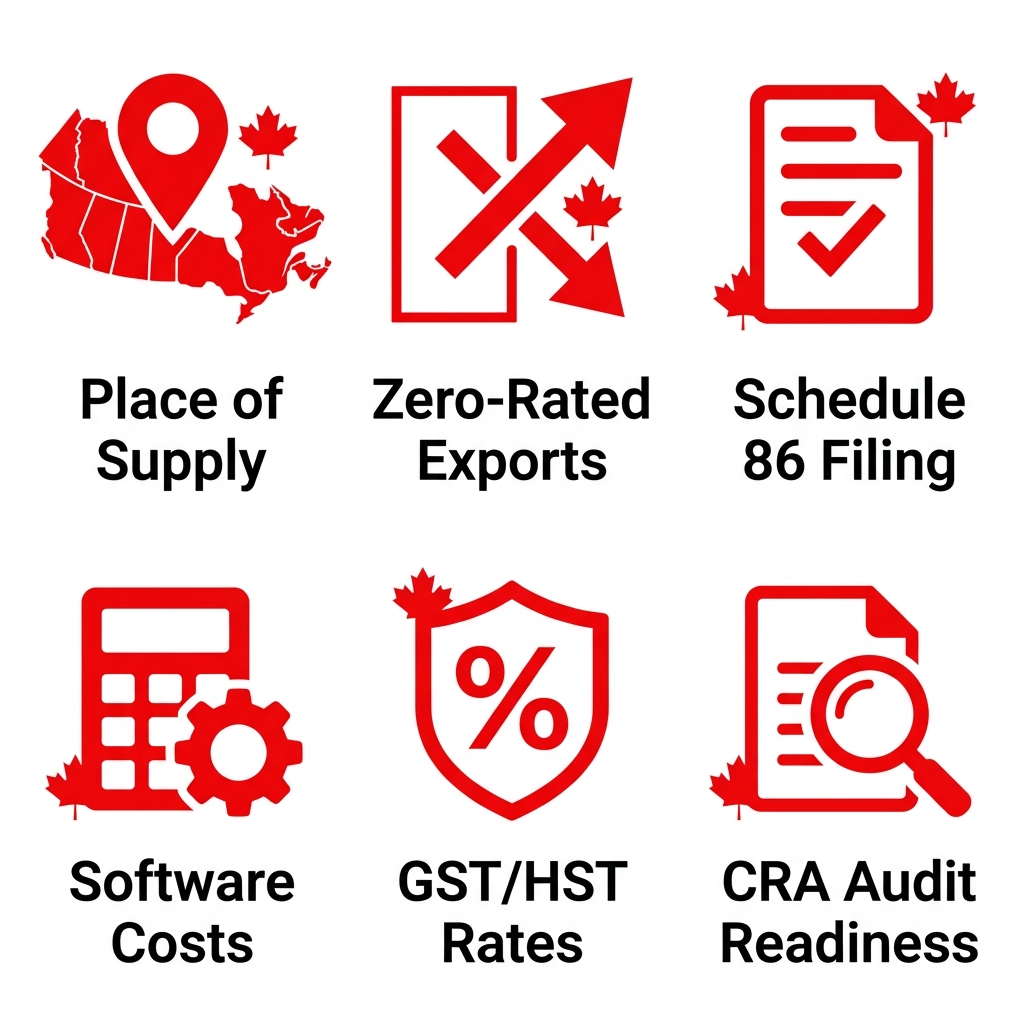 Flat icon set on white background with six red icons and maple leaf accents representing Canadian e-commerce tax factors: Place of Supply, Zero-Rated Exports, Schedule 88 filing, Software Costs, GST/HST Rates, and CRA audit readiness.
