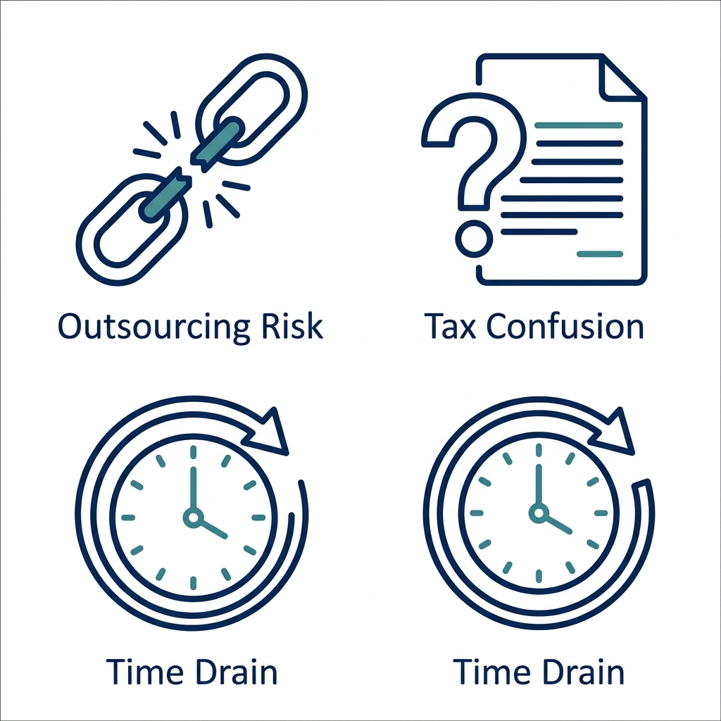 Three simple icons in navy outlines with teal accents on white: broken chain link for outsourcing risk, question mark over document for tax confusion, clock with circling arrow for time drain.