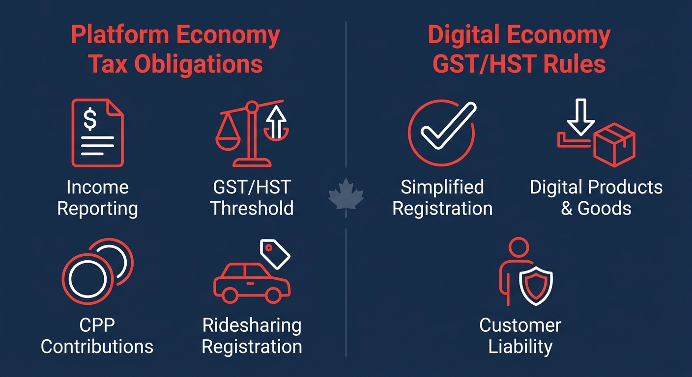 Infographic comparing platform economy tax obligations and digital economy GST/HST rules for Canadian e-commerce businesses